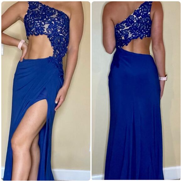 Sherri Hill Royal Blue Jersey One Shoulder Gown Maxi Dress Size 4 J1 - Picture 2 of 5